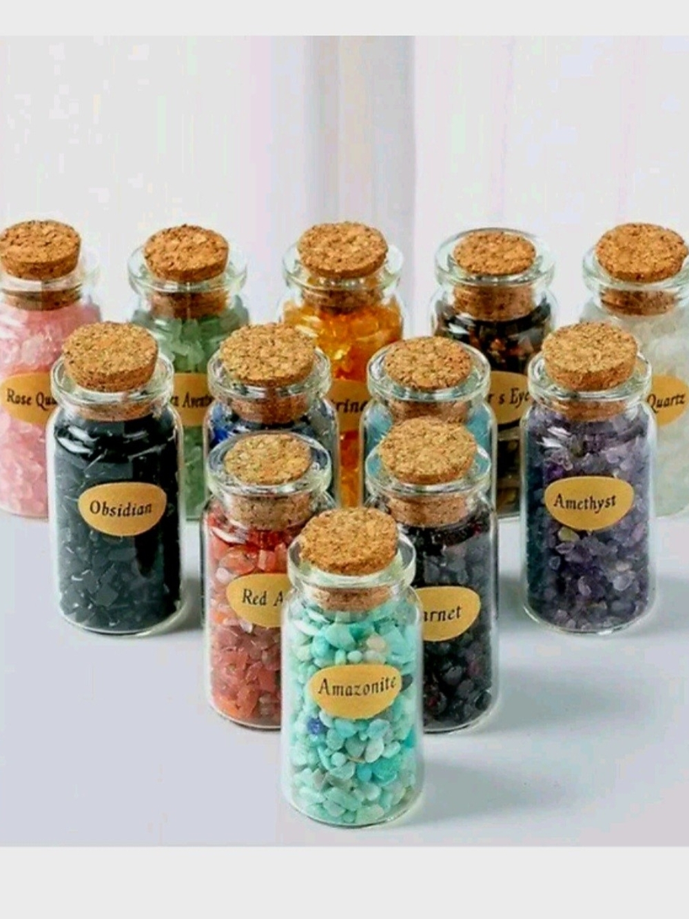 SET of 24 Mini Gemstone Wishing Bottles | 12 Variety Crystal Chip Vials Cork Top